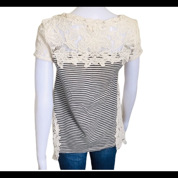 MEADOW RUE (Anthro) Stripe Top With Crochet Front & Side Detail Navy Blue Sz XS - Picture 8 of 13